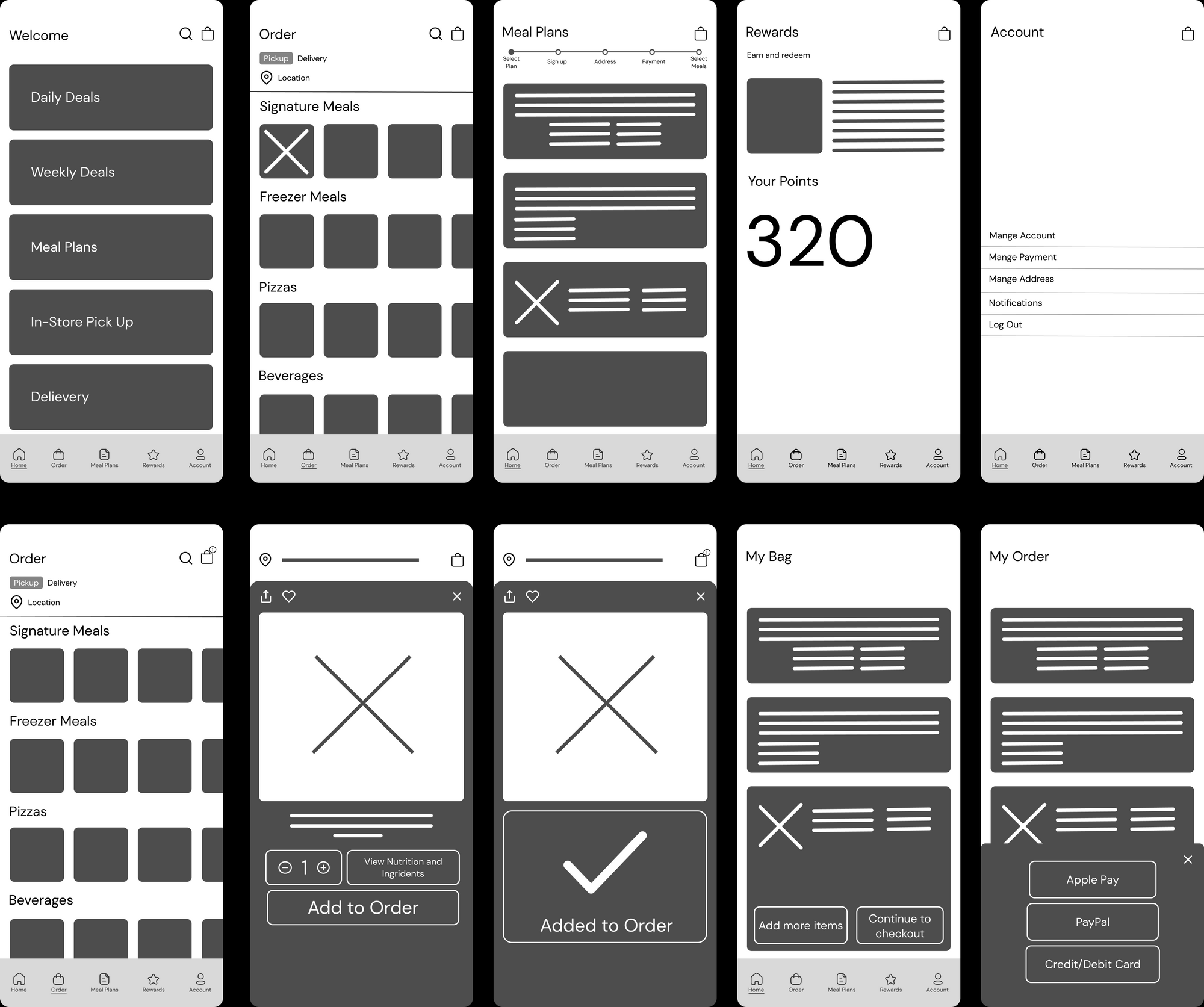 Digital wireframe concepts of Power Plate Meals app